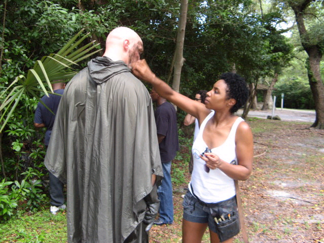 Hair and Makeup Artist Sophia Lenore working on one of many movie sets.