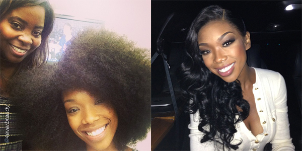 singer Brandy with and without hair extensions